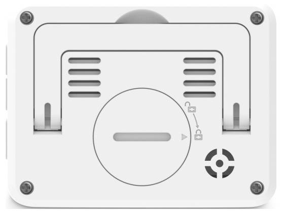 Wall-mounted digital thermostat control with a central dial and vent slots, shown front-on on a white panel.