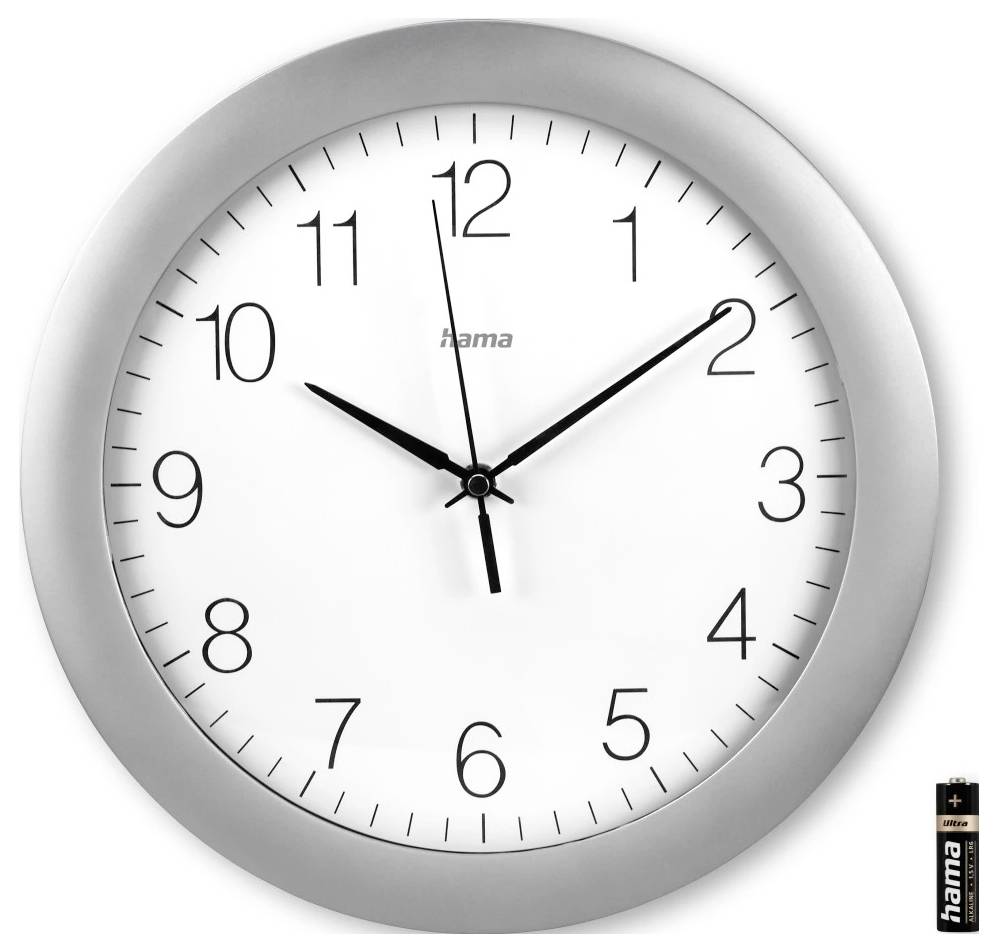 Round white Hama wall clock with silver frame showing approximately 10:10; a battery is pictured at the lower right.<br>