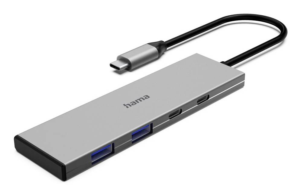 USB-C hub with three USB-A ports and a connected USB-C cable, shown on a white background.<br>