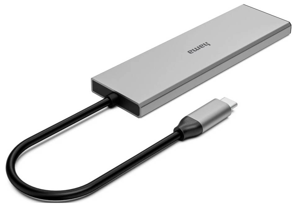 Silver Hama USB-C hub/docking adapter with attached cable and USB-C connector on a white background.<br>