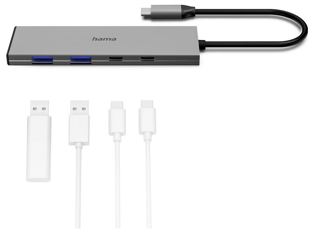 Gray USB-C hub with two USB-A ports and two USB-C ports, shown above four included adapters/cables on a white background.