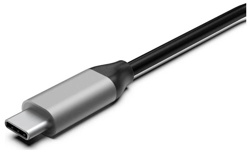 Close-up of a USB-C cable connector with a silver metal tip and black cable on a white background.