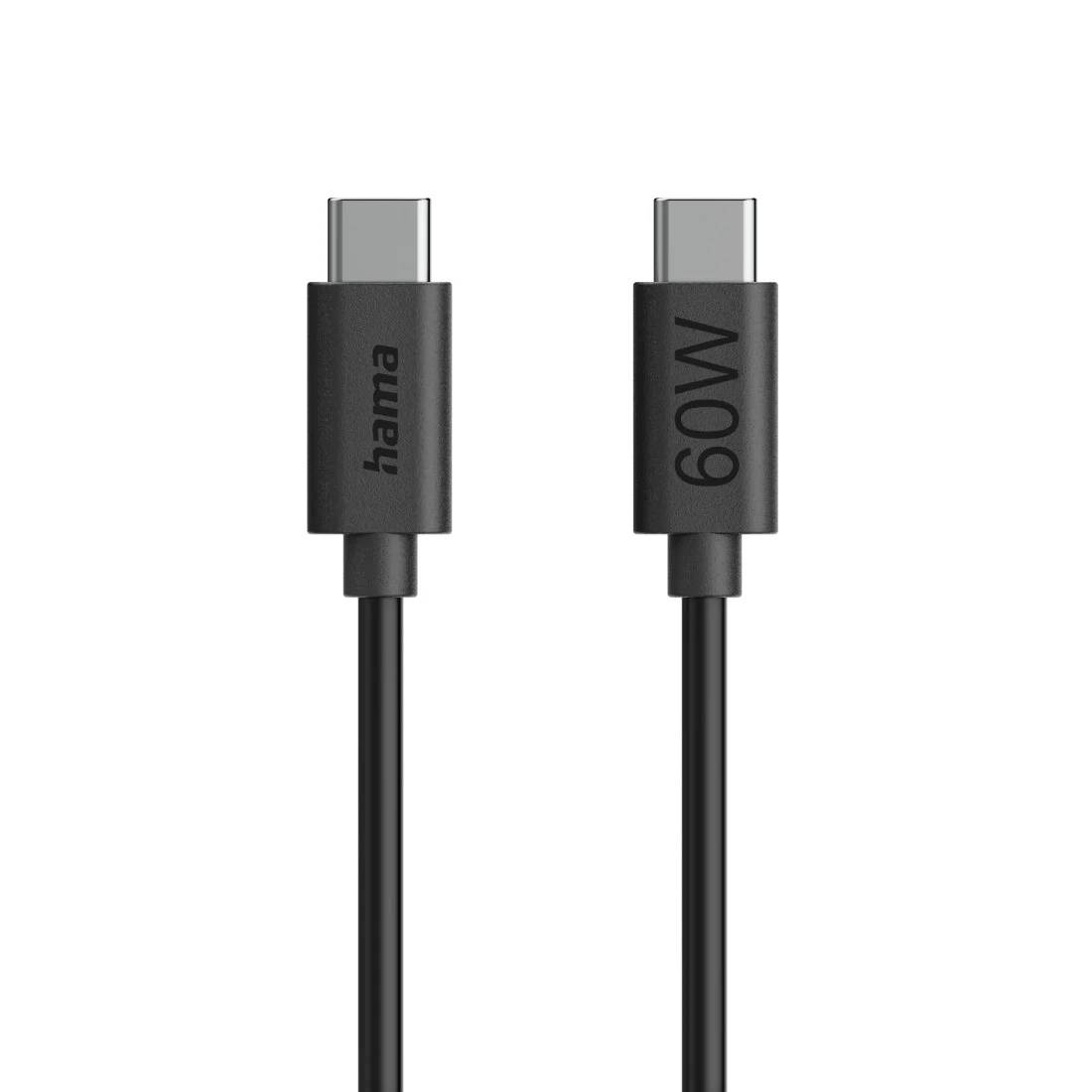 Two black USB-C cables shown upright, labeled 'hama' and '60W' on the connectors.