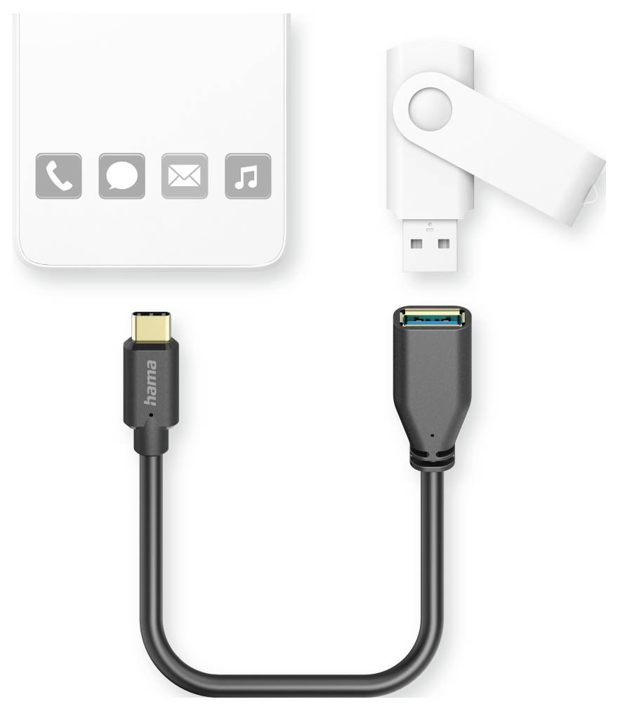White USB device and cap illustration showing a short black cable with USB-C on one end and USB-A on the other.