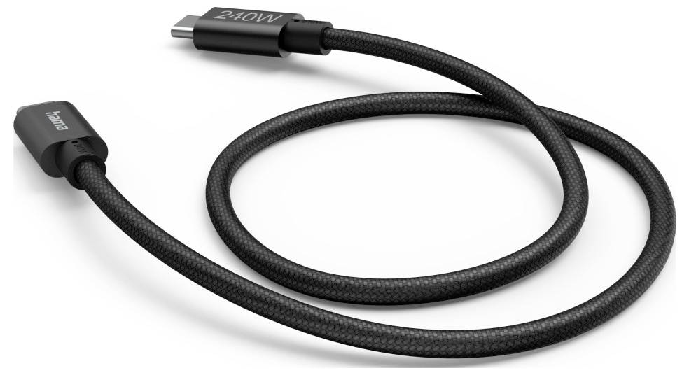 Black braided USB-C charging cable with angled connectors, labeled '240W' on one end.