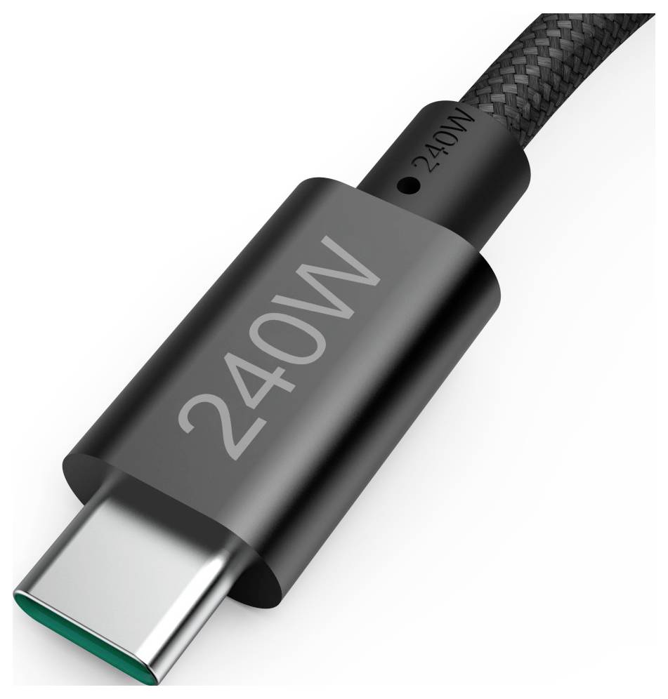 Close-up of a black USB-C charging cable connector labeled '240W' on a white background.