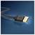 Close-up of a black Hama HDMI cable connector on a blue background with motion streaks, showing the gold-plated plug tip.