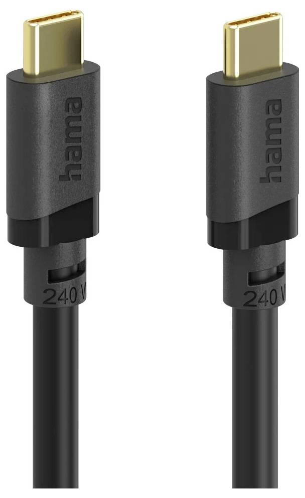Two black Hama USB-C cable ends shown side by side, with gold connectors and '240V' marked on each plug.<br>