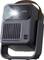 Portable projector with a glowing lens and carry handle, shown front view on a white background<br>