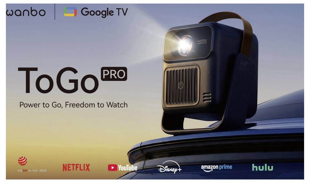 Promotional image of a Wanbo ToGo Pro portable projector on a car roof at sunset, with Google TV and streaming app logos and slogan 'Power to Go, Freedom to Watch'.<br>