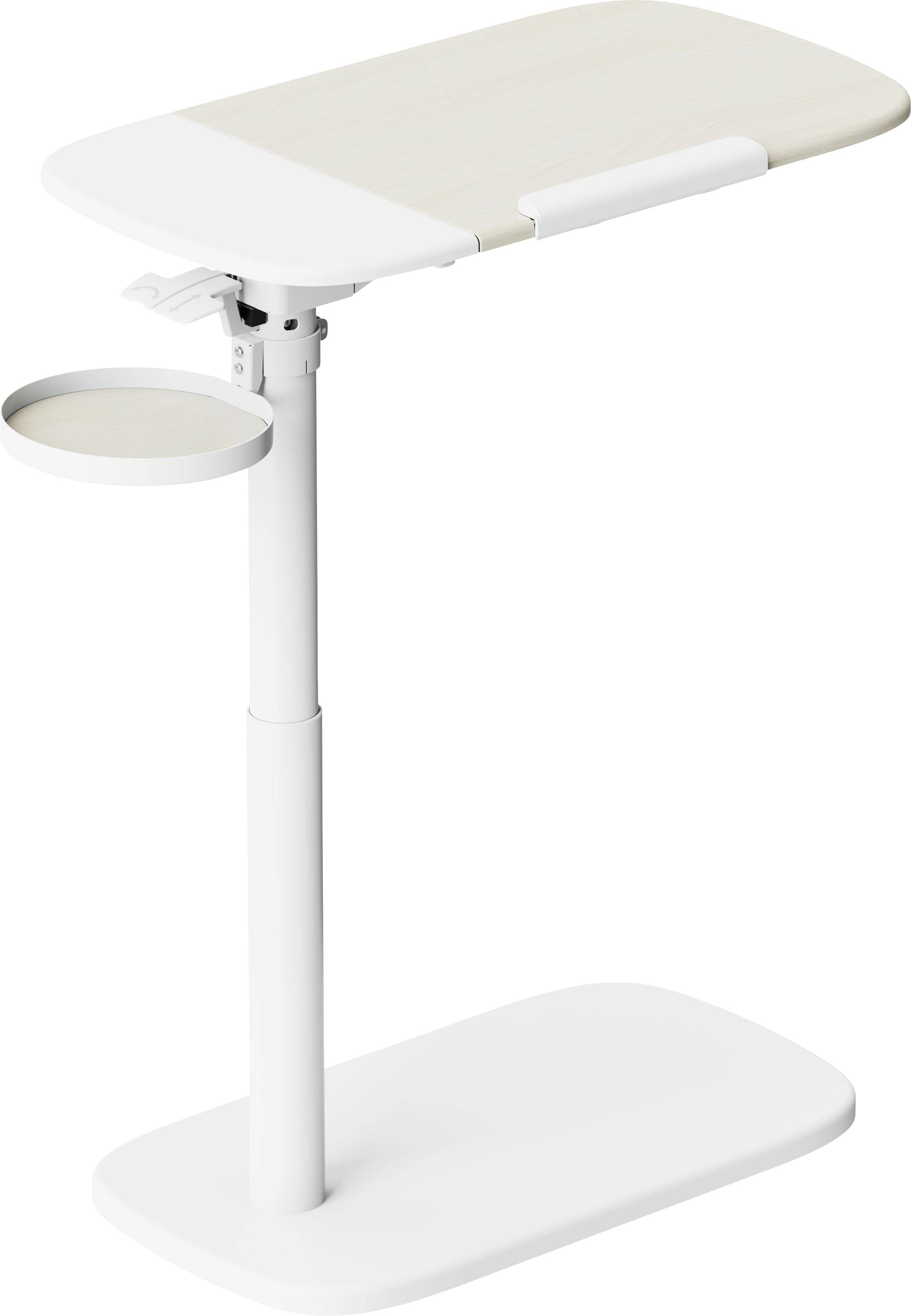 White overbed table with adjustable height, rolling base, and side cup holder<br>
