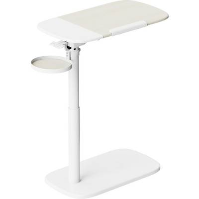 White overbed table with adjustable height, rolling base, and side cup holder<br>