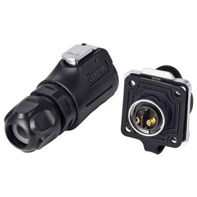 Black electrical connector plug and matching square panel mount socket shown side by side on a white background.
