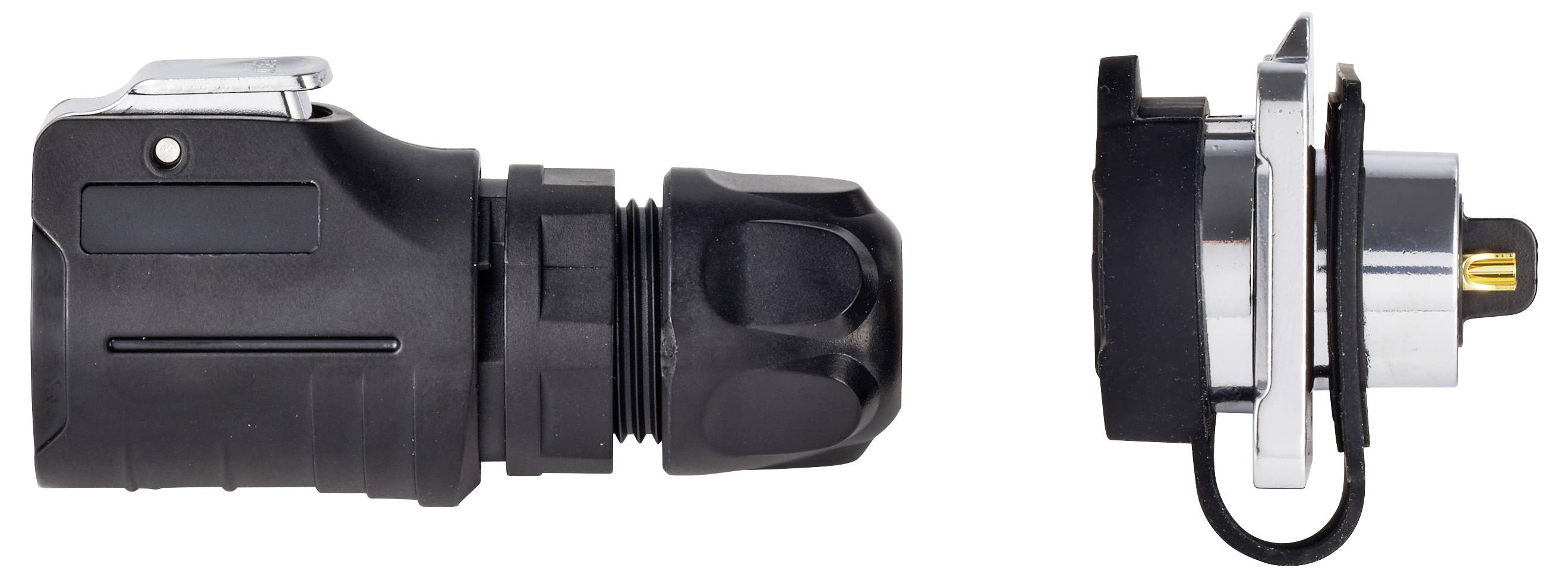 Black and silver electrical connector plug shown in side and end views, with a locking cap and attached wire on a white background.