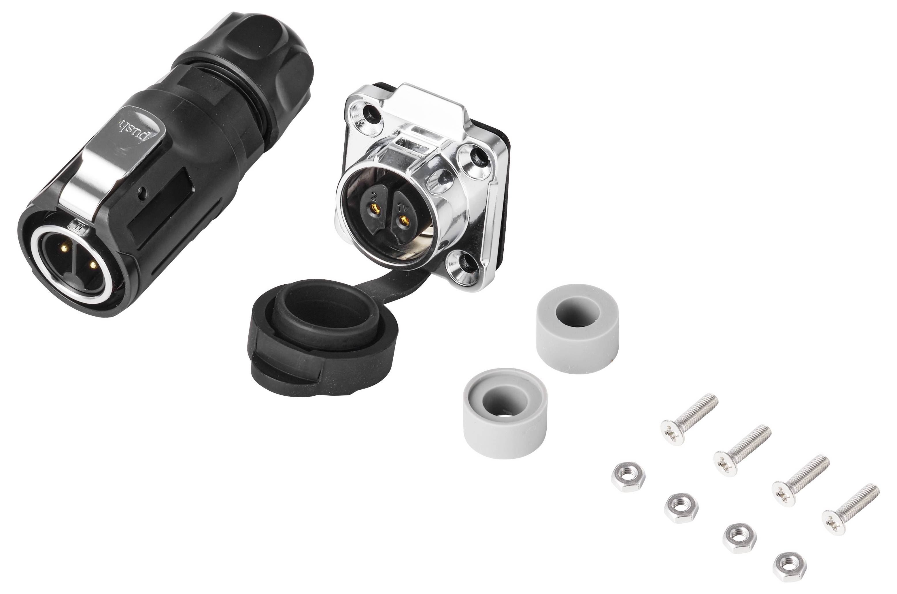 Product components for an electrical connector: black plug, metal receptacle, sealing rings, and mounting screws/nuts on a white background.