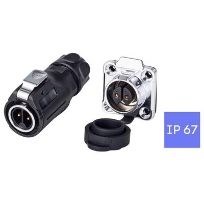 Waterproof electrical connector set with black plug, metal socket, sealing cap, and 'IP 67' label on white background.