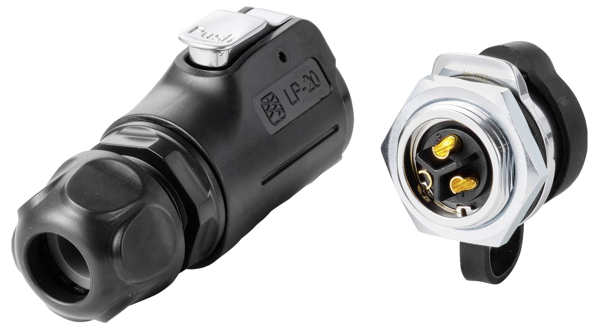 Two black electrical cable connectors, one male and one female, shown on a white background.