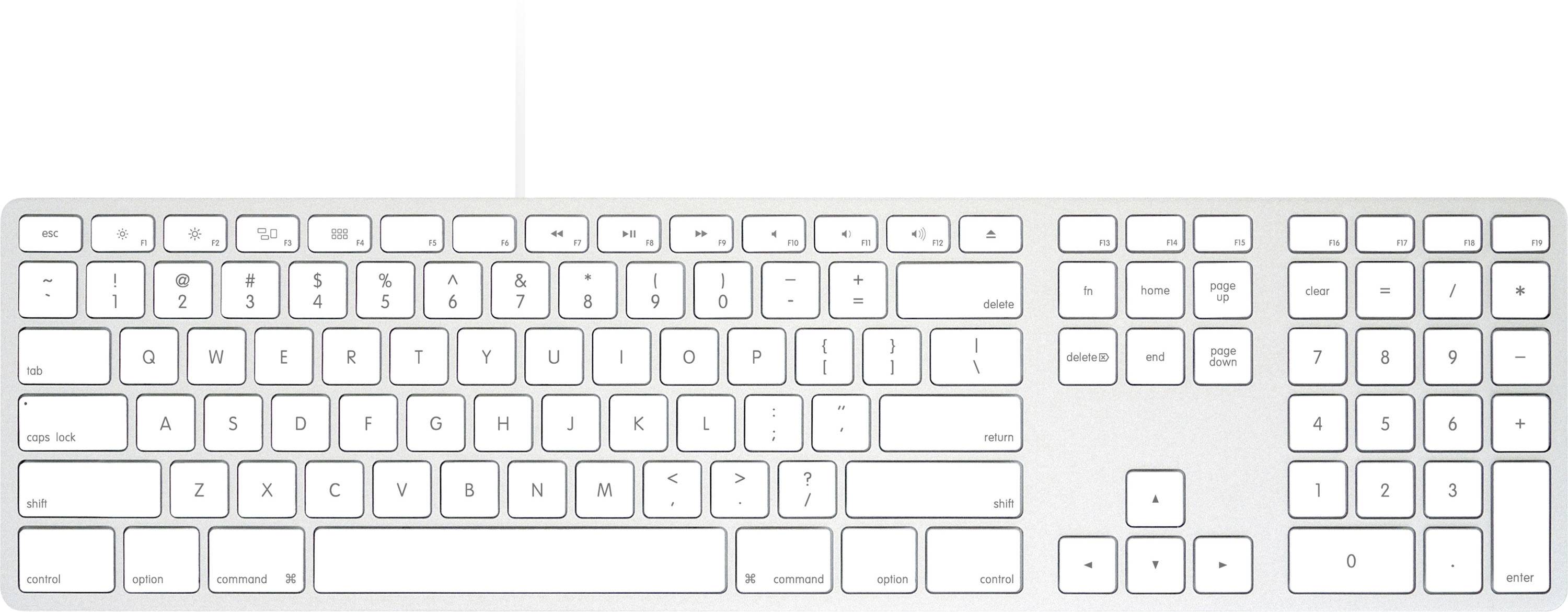 White computer keyboard with full-size layout, including function keys, arrow keys, and numeric keypad.