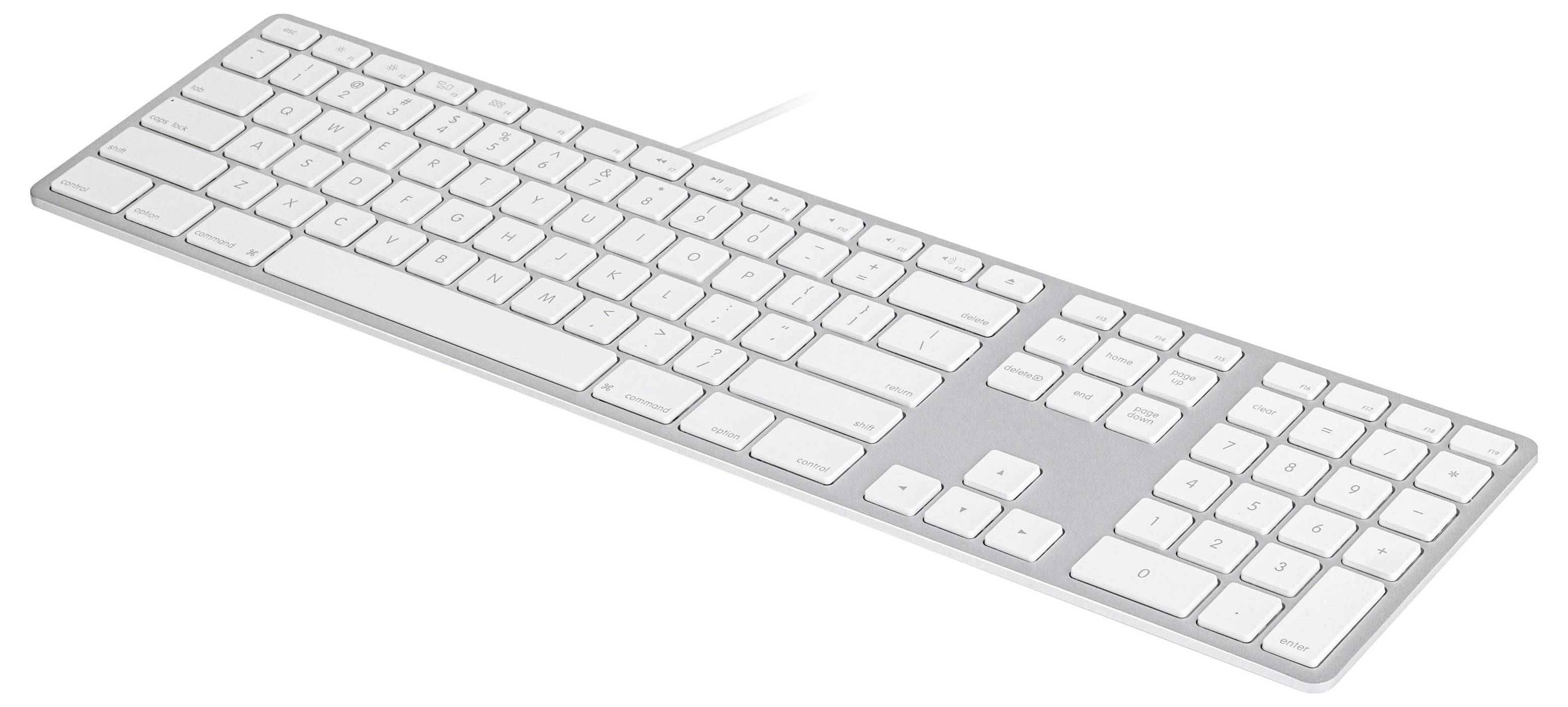 White wireless computer keyboard shown at an angle on a plain light background.