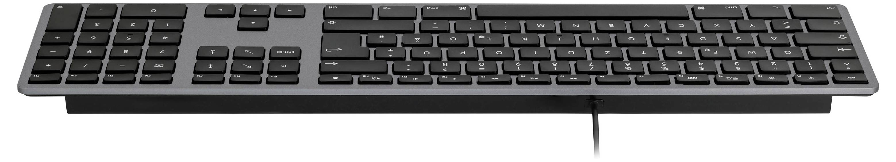 Slim black wired keyboard shown from the front, with standard full-size keys and a central cable extending downward.