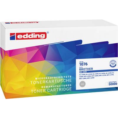 Edding toner cartridge box with rainbow geometric design, labeled 'remanufactured toner cartridge' and 'Brother', model DR-3400.