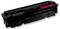 Black printer toner cartridge with a magenta label, shown isolated on a white background.