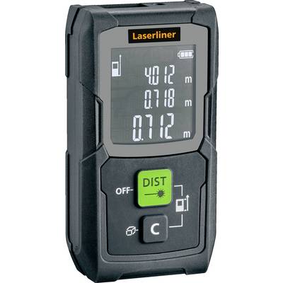 Laserliner handheld laser distance meter showing a 40.12 m reading on the display, with distance and clear buttons below.