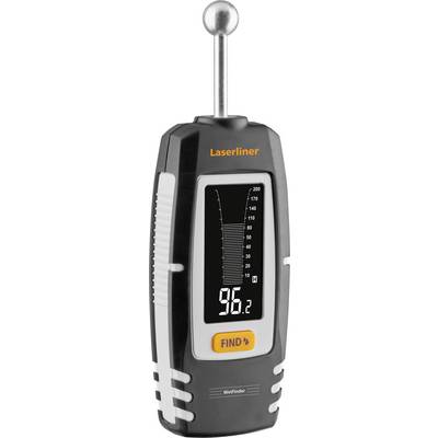 Handheld Laserliner laser distance meter showing a 96.2 reading on its display, with a 'FIND' button and measurement scale.