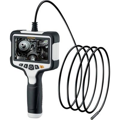 Handheld inspection camera with screen showing gears, attached to a long flexible cable probe.