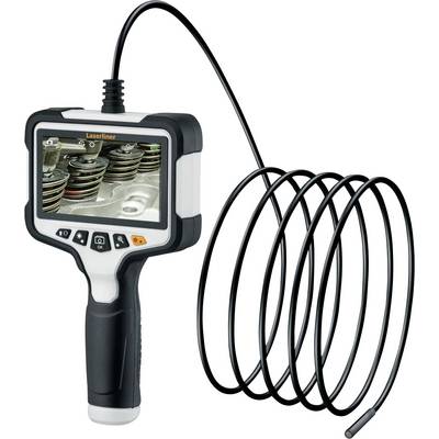 Handheld inspection camera with flexible coiled probe, showing engine valve springs on its screen.<br>