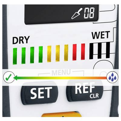 Control panel showing a moisture/dryness meter with colored bars from DRY to WET, plus SET and REF CLR buttons and a green-to-orange arrow indicator.