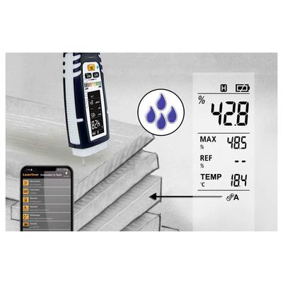 Handheld laser moisture meter measuring stacked wood, showing 42.8% moisture on the display and a phone app interface with readings.