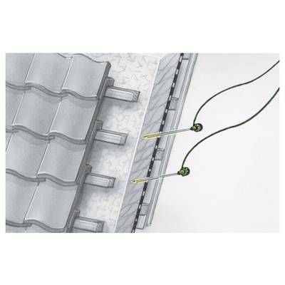 Close-up diagram of roof tiles secured with two metal fasteners and wires, showing how the roofing is anchored in place.<br>