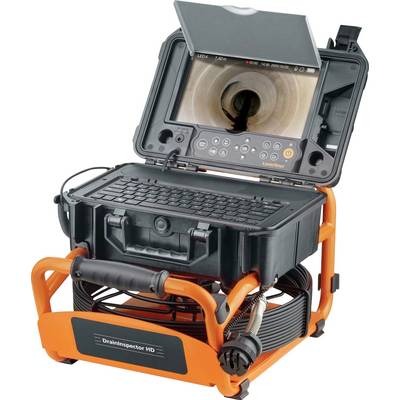 Portable sewer inspection camera system on a wheeled orange frame, with monitor showing a pipe interior and control keypad on the base.