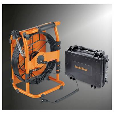 Orange cable reel with coiled line and attached probe beside a black Laserliner carrying case on a gray background.