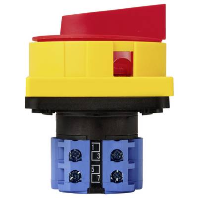 Industrial emergency stop switch with red actuator on yellow housing and blue base, shown on a white background.