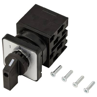 Black rotary switch with 0-1-2 positions, mounting plate, and four screws on a white background.