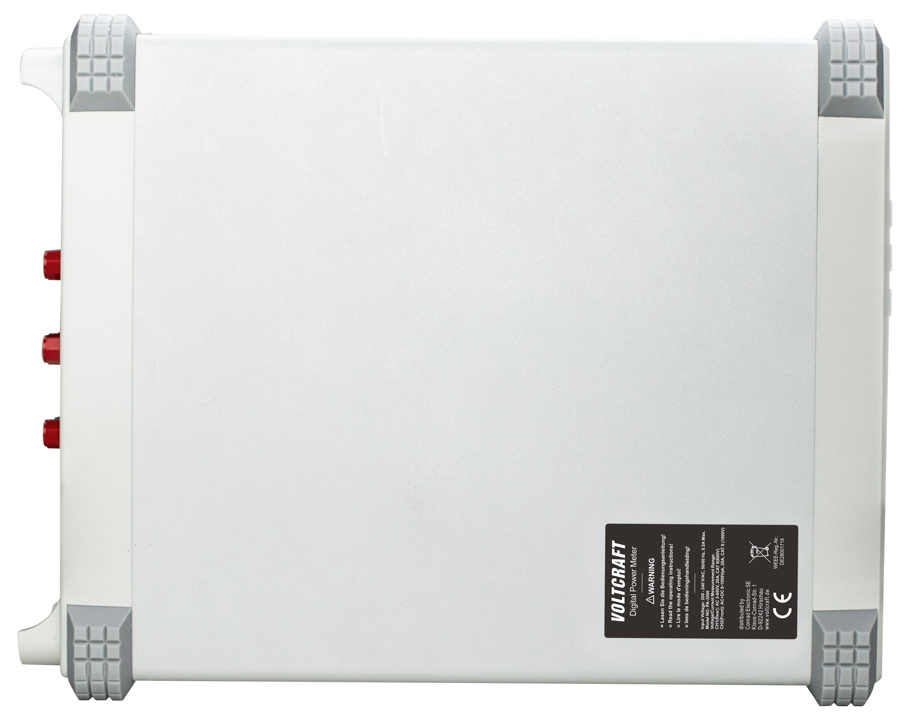 Top view of a silver VOLCART device with four gray corner protectors and three red side ports, shown on a white background.