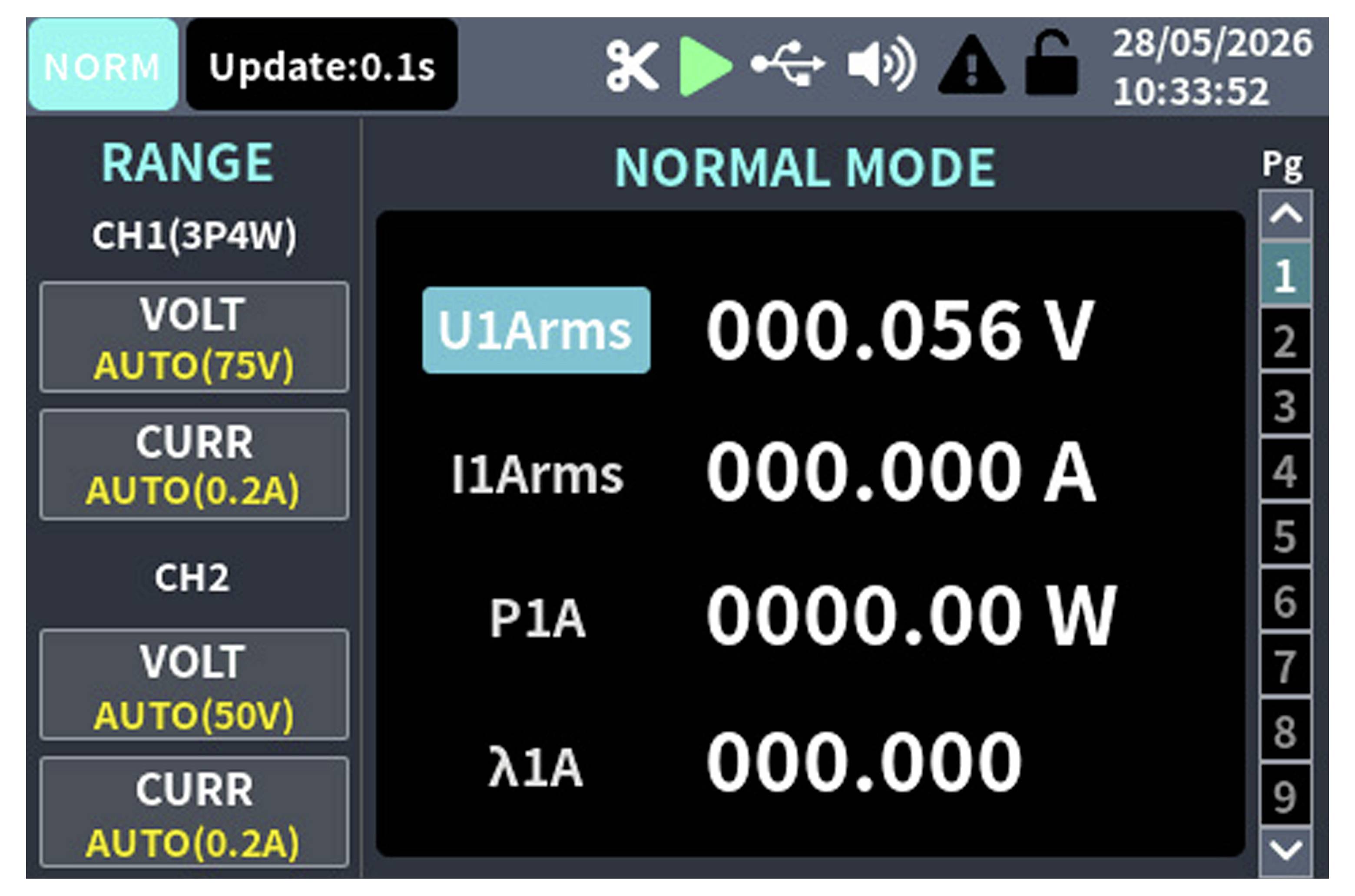 Digital power meter display in normal mode showing U1Arms 000.056 V, I1Arms 000.000 A, P1A 0000.00 W, and λ1A 000.000, with channel ranges on the left.<br>