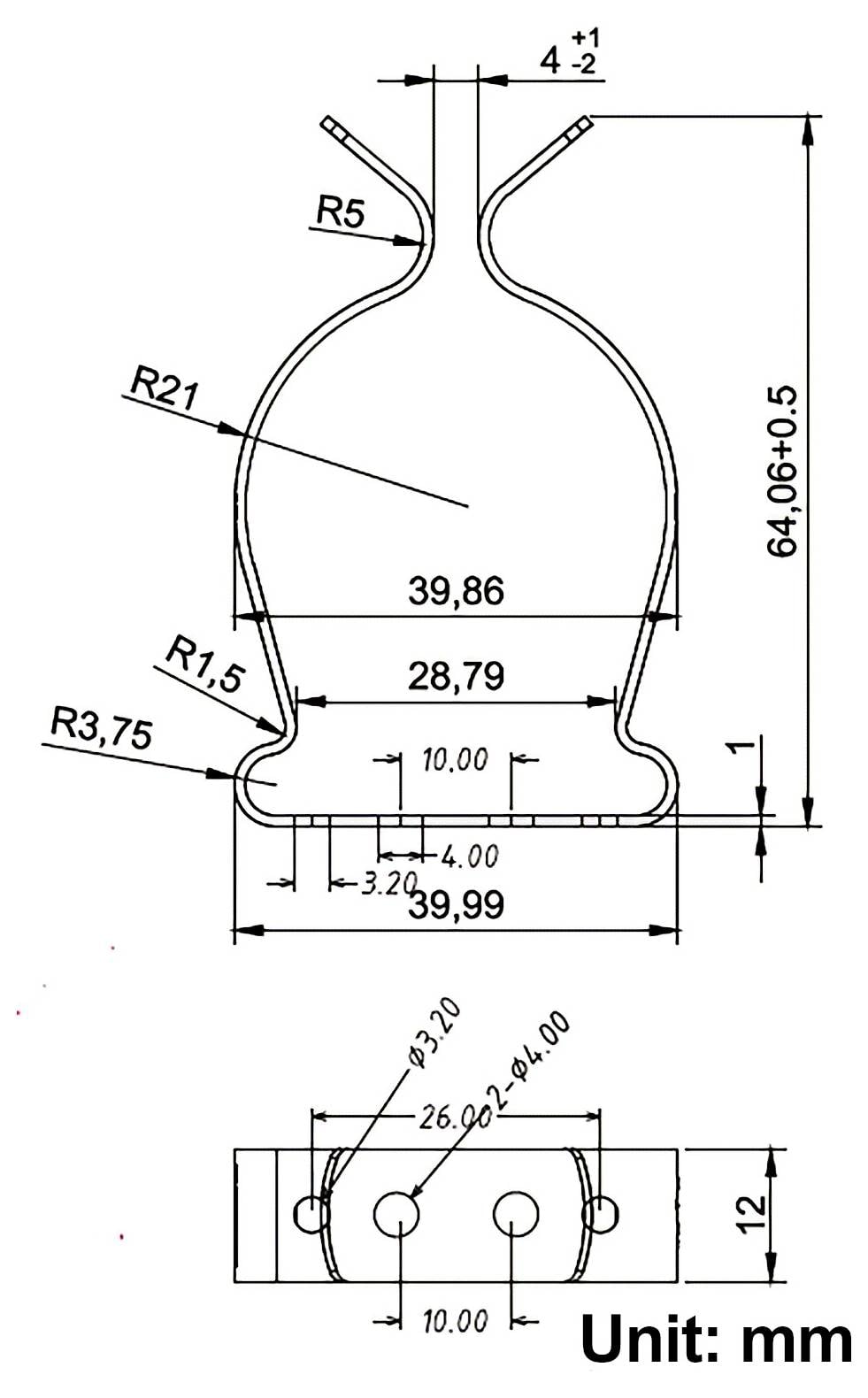 Technical drawing of a glass bottle-like container with labeled dimensions in millimeters, showing front and side views and measurements such as 64.0 height and 39.99 base width.