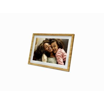Framed photo of a smiling woman hugging a child, shown at a slight angle on a white background.