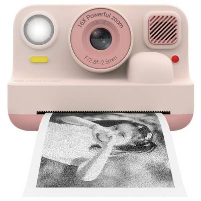 Pink instant camera printing a black-and-white portrait photo, with flash, lens, speaker, and small indicator lights visible.