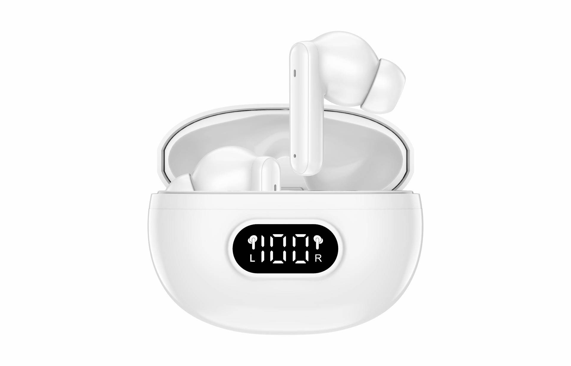 Open white wireless earbuds in a charging case with a digital display showing 100 and R, isolated on a white background.