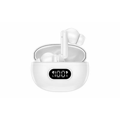 Open white wireless earbuds in a charging case with a digital display showing 100 and R, isolated on a white background.