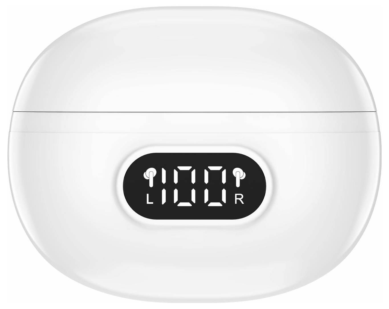 White wireless earbuds charging case with a black digital display showing '100' and left/right earbud icons.