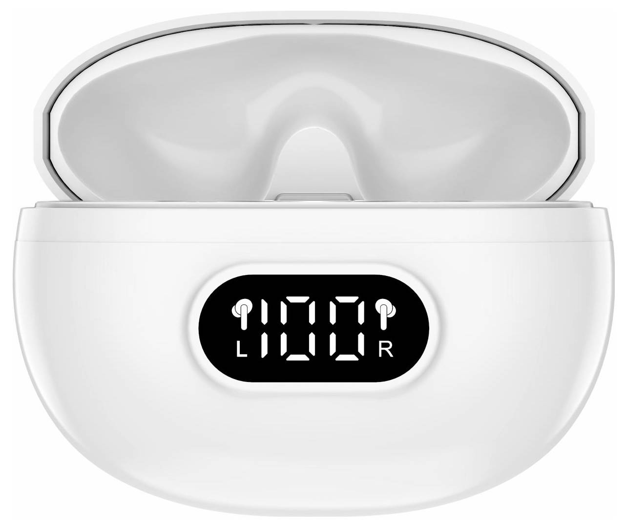 White wireless earbuds charging case with lid open, front LED display showing 100 and L/R indicators.