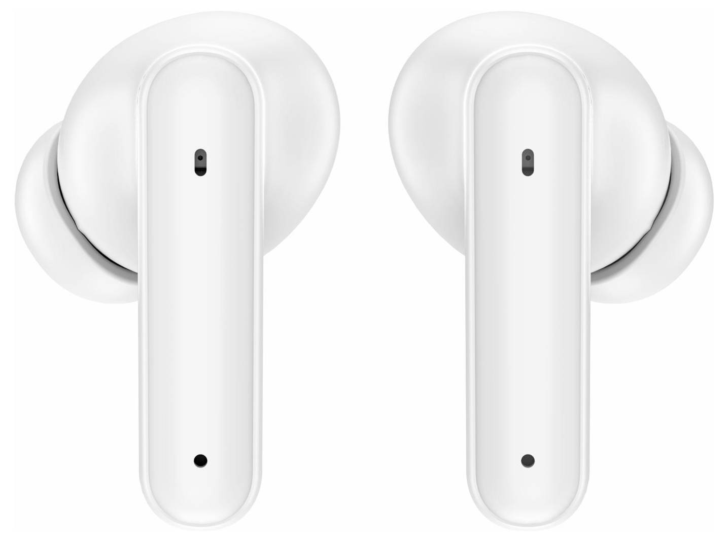 Pair of white wireless earbuds shown front view on a white background, each with a rounded charging case stem and ear tip.