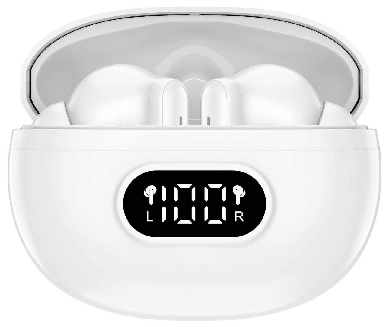 White wireless earbuds in a charging case with a front digital display showing 100% battery for left and right earbuds.