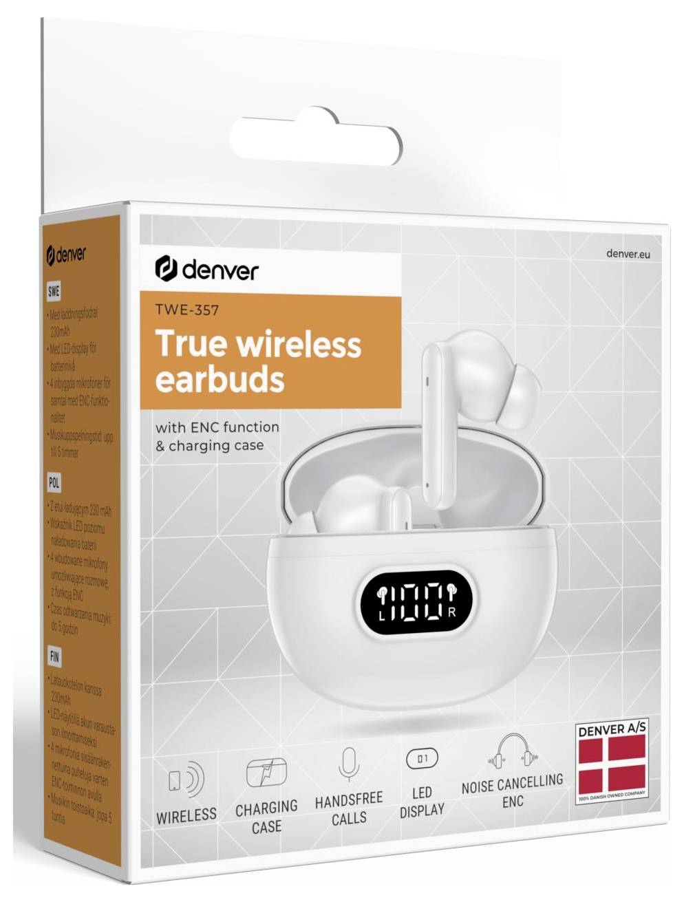 Denver TWE-357 true wireless earbuds with ENC and charging case, shown on product packaging with LED display and feature icons.