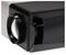 Close-up of a black projector lens and front casing on a white background.<br>